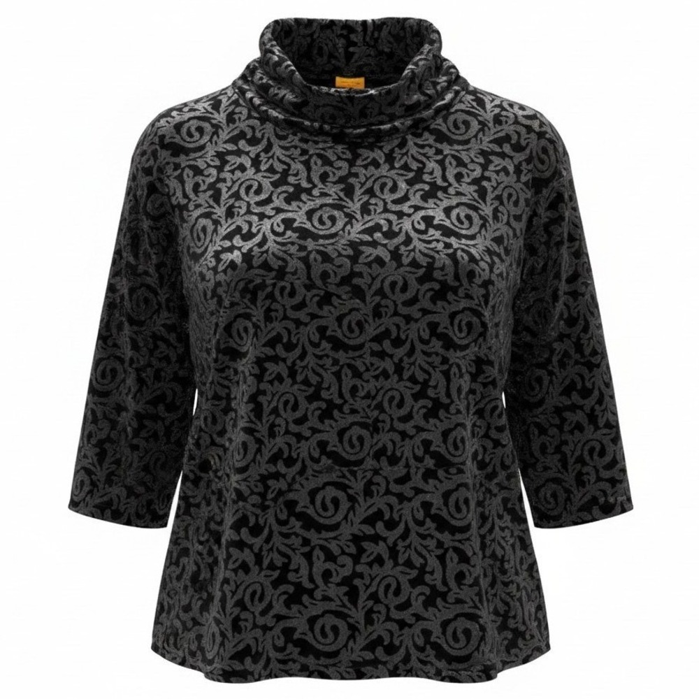 Ruby Rd. Woman 2X‎ Velvet Burnout Cowl Neck Top Black Silver Scroll 3/4 Sleeve